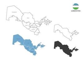 4 estilo de ilustración de vector de mapa de uzbekistán tiene toda la provincia y marca la ciudad capital de uzbekistán. por estilo de simplicidad de contorno negro delgado y estilo de sombra oscura. aislado sobre fondo blanco.