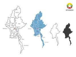 4 estilo de ilustración de vector de mapa de myanmar tiene toda la provincia y marca la ciudad capital de myanmar. por estilo de simplicidad de contorno negro delgado y estilo de sombra oscura. aislado sobre fondo blanco.