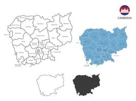 4 estilo de ilustración de vector de mapa de camboya tiene toda la provincia y marca la ciudad capital de camboya. por estilo de simplicidad de contorno negro delgado y estilo de sombra oscura. aislado sobre fondo blanco.