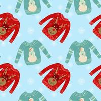 Seamless pattern with ugly sweaters illustration on a light blue background with snowflakes. vector