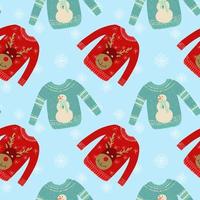 Seamless pattern with ugly sweaters illustration on a light blue background with snowflakes. vector