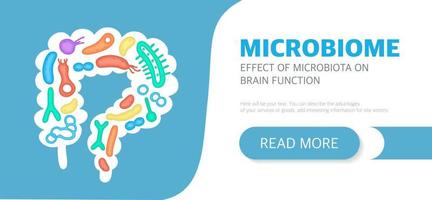 Microbiome website landing page template with intestines and bacteria, mailing list, advertising, label, presentation. Vector background gastroenterologist.