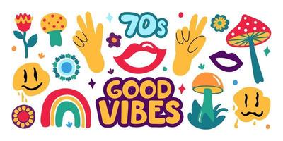 A large set in the retro style of the 70s. Good vibes multicolored inscription. Vector illustration