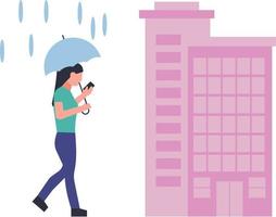 A girl using a mobile phone under an umbrella in the rain. vector