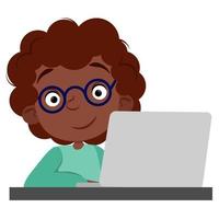 Dark-skinned curly-haired boy with a laptop vector