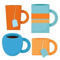 a set of orange and blue cups with a tea bag in the middle vector