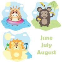 funny animals set cute animals giraffe monkey lion summer of the month summer on the beach in an inflatable circle summer games illustrations for children postcard print vector