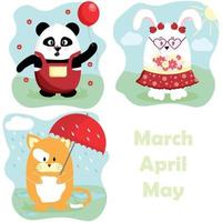 conjunto animales lindos panda conejo gato primavera meses gato con paraguas panda con globo y conejo con flores ilustraciones para niños impresión de postal vector