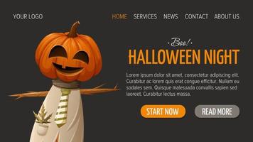 Halloween scarecrow with a pumpkin instead of a head. Dark horizontal template for website interface. Vector illustration. For store, sale.