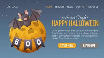 Bat and full moon. Garland of flags with the text Boo. Happy Halloween. Horizontal template for website interface. Vector illustration. For store, sale