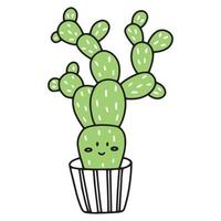 lindo cactus al estilo de garabatos. cactus con emociones kawaii. ilustración vectorial de un cactus sonriente feliz con picos y agujas. una planta en una maceta. iconos vector