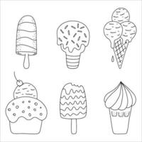 un conjunto de lindos helados vectoriales. helado dulce hecho a mano. conos y helados con diferentes sabores, hechos al estilo de un garabato. Aislado en un fondo blanco vector