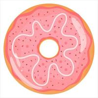 Tasty donut with pink and white chocolate glaze, delicious sweets for kids in cartoon childish style vector