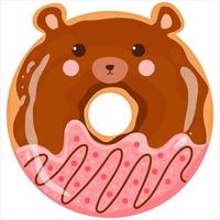 lindo oso con donut de cara con glaseado de chocolate y rosa, dulces sabrosos para niños en estilo infantil de dibujos animados vector