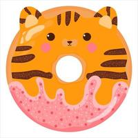 Cute tiger or red cat with face donut with pink glaze, tasty sweets for kids in cartoon childish style vector