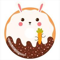 lindo conejo sosteniendo donut de zanahoria con glaseado de chocolate, dulces sabrosos para niños en estilo infantil de dibujos animados vector