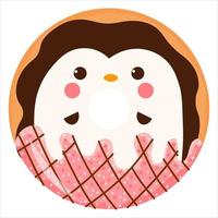 Cute penguin donut with pink icing with chocolate, tasty sweets for kids in cartoon childish style vector