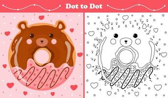 página educativa para colorear con rompecabezas de punto a punto para niños con forma de oso donut dulce en estilo de dibujos animados, hoja de trabajo imprimible en estilo infantil para libros infantiles vector