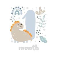 1 one month Baby boy anniversary card metrics. Baby shower print with cute animal dino, flowers and palm capturing all special moments. Baby milestone card for newborn vector