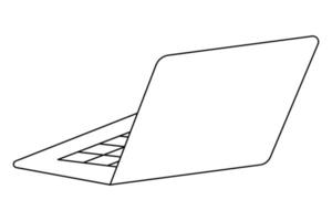 Laptop for work or study. Sketch. Wiz from behind. Portable personal computer. Electronic device. Vector illustration. Outline on isolated background. Doodle style. The screen is hidden.
