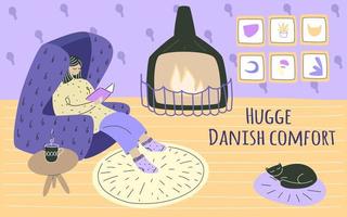 Vector illustration in doodle style with a girl resting and reading a book at home. The concept of Danish hygge, autumn mood craving for coziness and home comfort.