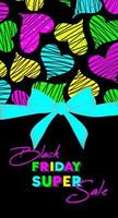 Black Friday. Sale banner, flyer. Text, hearts, and blue bow on black and  background. vector