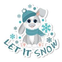 Sticker with symbol of the 2023 year. Cute little rabbit or hare sitting in snow. vector