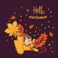 Hello autumn. Autumn leaves, branch with rowan berries in rubber boots and hedgehog. vector