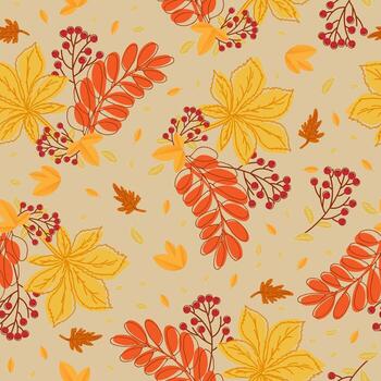 Seamless pattern with autumn leaves of chestnut and rowan on beije background. vector