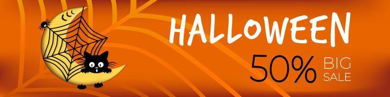 banner de venta de halloween feliz, volante sobre fondo naranja con arañas, web, murciélagos y gatito negro. vector