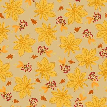 patrón sin costuras con hojas de otoño de bayas de castaño y serbal sobre fondo beige. vector