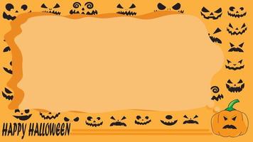 Happy Halloween background. Pumpkins with scary smiling faces. Vector flat style illustration, with clear orange copy space area isolated in orange background and bat