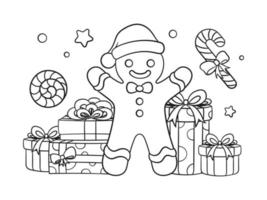 hombre de pan de jengibre con cajas de regalo y bastón de caramelo de menta contorno línea arte doodle ilustración de dibujos animados. actividad de la página del libro de colorear del tema navideño de invierno para niños y adultos. vector