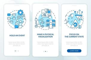 Value stream mapping best practices blue onboarding mobile app screen. Walkthrough 3 steps graphic instructions pages with linear concepts. UI, UX, GUI template. vector