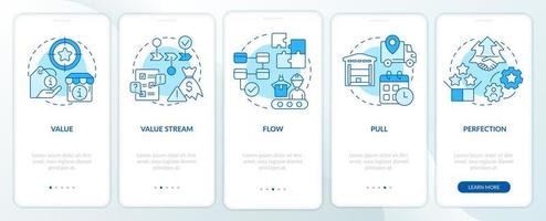 Principios clave de la fabricación esbelta pantalla azul de la aplicación móvil de incorporación. tutorial 5 pasos páginas de instrucciones gráficas con conceptos lineales. interfaz de usuario, ux, plantilla de interfaz gráfica de usuario. vector