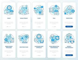 Lean manufacturing blue onboarding mobile app screen set. Walkthrough 5 steps graphic instructions pages with linear concepts. UI, UX, GUI template. vector