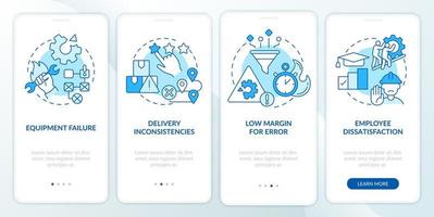 Lean manufacturing disadvantages blue onboarding mobile app screen. Walkthrough 4 steps graphic instructions pages with linear concepts. UI, UX, GUI template. vector