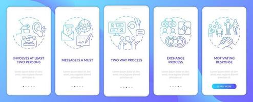 Communication aspects blue gradient onboarding mobile app screen. Walkthrough 5 steps graphic instructions pages with linear concepts. UI, UX, GUI template. vector