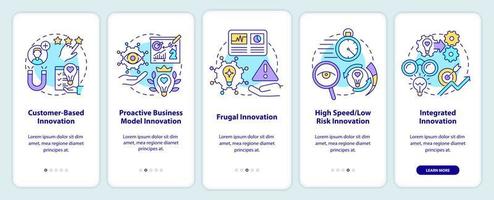 futuros conceptos de innovación incorporando la pantalla de la aplicación móvil. Páginas de instrucciones gráficas de 5 pasos basadas en el cliente con conceptos lineales. interfaz de usuario, ux, plantilla de interfaz gráfica de usuario. vector