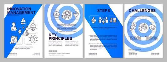 Innovation management steps and challenges blue brochure template. Leaflet design with linear icons. 4 vector layouts for presentation, annual reports.