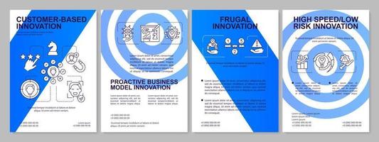 Future of innovation management aspects blue brochure template. Low risk. Leaflet design with linear icons. 4 vector layouts for presentation, annual reports.