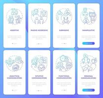 Different communication styles gradient onboarding mobile app screen set. Walkthrough 4 steps graphic instructions pages with linear concepts. UI, UX, GUI template. vector