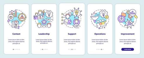 Innovation management key elements onboarding mobile app screen. Walkthrough 5 steps graphic instructions pages with linear concepts. UI, UX, GUI template. vector