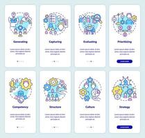 Innovation management steps and pillars onboarding mobile app screen set. Walkthrough 4 steps graphic instructions pages with linear concepts. UI, UX, GUI template. vector