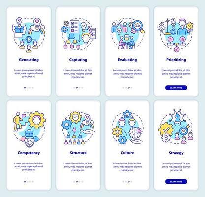 Innovation management steps and pillars onboarding mobile app screen set. Walkthrough 4 steps graphic instructions pages with linear concepts. UI, UX, GUI template.