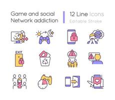 Game and social network addiction RGB color icons set. Virtual reality obsession. Isolated vector illustrations. Simple filled line drawings collection. Editable stroke.