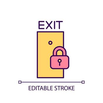 Exit door and padlock RGB color icon. Keeping access closed. Protection of emergency exit. Isolated vector illustration. Simple filled line drawing. Editable stroke.