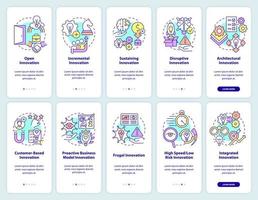 Innovation management types and ideas onboarding mobile app screen set. Walkthrough 5 steps graphic instructions pages with linear concepts. UI, UX, GUI template. vector