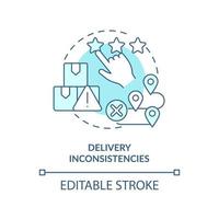 Delivery inconsistencies turquoise concept icon. Lean manufacturing disadvantage abstract idea thin line illustration. Isolated outline drawing. Editable stroke. vector