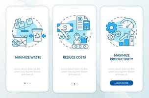 Purposes of lean manufacturing blue onboarding mobile app screen. Walkthrough 3 steps graphic instructions pages with linear concepts. UI, UX, GUI template. vector